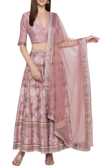 Soup By Sougat Paul_Pink Net, Chanderi V Neck Printed Lehenga Set _Online_at_Aza_Fashions