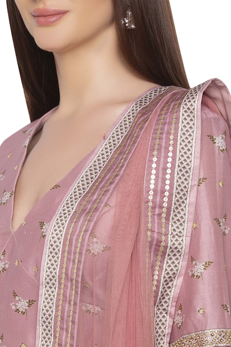 Shop_Soup By Sougat Paul_Pink Net, Chanderi V Neck Printed Lehenga Set _Online_at_Aza_Fashions