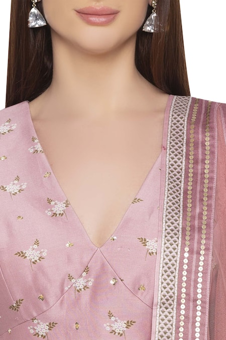 Soup By Sougat Paul_Pink Net, Chanderi V Neck Printed Lehenga Set _at_Aza_Fashions