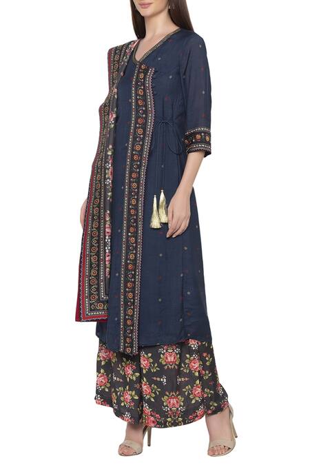 Soup By Sougat Paul_Black Cotton Silk, Muslin Slub V Neck Printed Kurta Palazzo Set _Online_at_Aza_Fashions