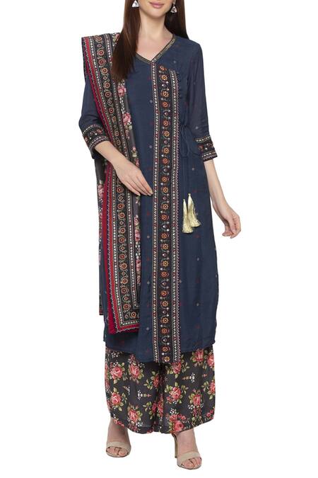 Buy_Soup By Sougat Paul_Black Cotton Silk, Muslin Slub V Neck Printed Kurta Palazzo Set _Online_at_Aza_Fashions