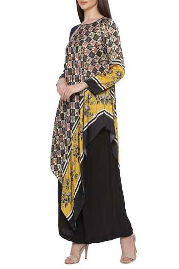 Soup By Sougat Paul Black Satin Round Printed Kurta Palazzo Set Online at Aza Fashions Soup By Sougat Paul_Black Satin Round Printed Kurta Palazzo Set _Online_at_Aza_Fashions