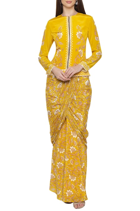 Soup By Sougat Paul_Yellow Crepe Floral Round Neck Printed Top And Draped Skirt Set _Online_at_Aza_Fashions