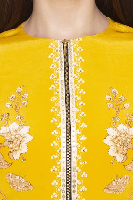 Buy_Soup By Sougat Paul_Yellow Crepe Floral Round Neck Printed Top And Draped Skirt Set _Online_at_Aza_Fashions