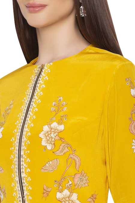 Shop_Soup By Sougat Paul_Yellow Crepe Floral Round Neck Printed Top And Draped Skirt Set _Online_at_Aza_Fashions