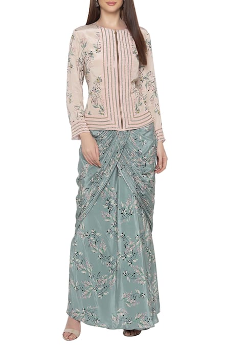 Soup by Sougat Paul Blue Crepe Printed Floral Round Neck Top And Draped Skirt Set