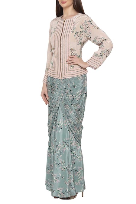 Soup By Sougat Paul_Blue Crepe Floral Round Neck Printed Top And Draped Skirt Set _Online_at_Aza_Fashions