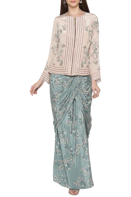 Buy_Soup By Sougat Paul_Blue Crepe Floral Round Neck Printed Top And Draped Skirt Set _Online_at_Aza_Fashions