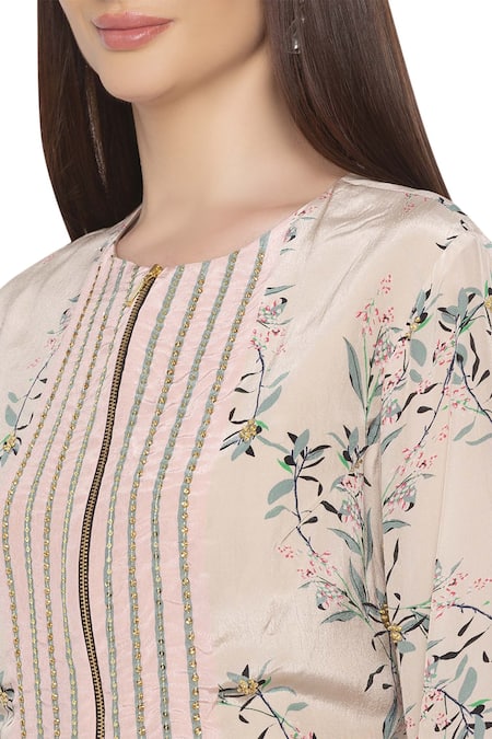 Shop_Soup By Sougat Paul_Blue Crepe Floral Round Neck Printed Top And Draped Skirt Set _Online_at_Aza_Fashions