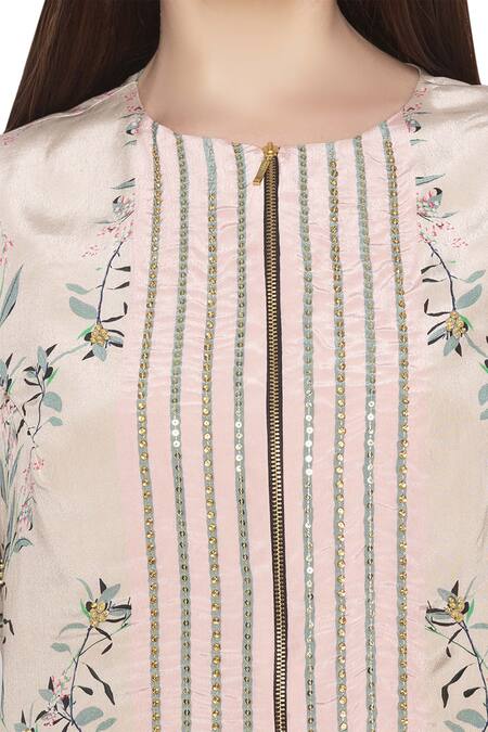 Soup By Sougat Paul_Blue Crepe Floral Round Neck Printed Top And Draped Skirt Set _at_Aza_Fashions