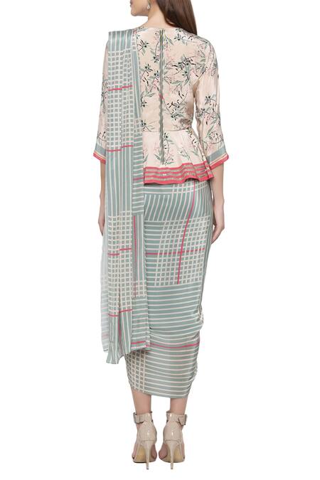 Shop_Soup by Sougat Paul_Blue Crepe Floral, Geometric Round Neck Printed Draped Saree Gown _at_Aza_Fashions