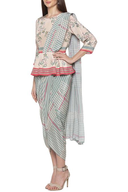 Soup by Sougat Paul_Blue Crepe Floral, Geometric Round Neck Printed Draped Saree Gown _Online_at_Aza_Fashions