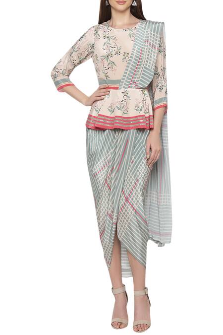 Buy_Soup by Sougat Paul_Blue Crepe Floral, Geometric Round Neck Printed Draped Saree Gown _Online_at_Aza_Fashions
