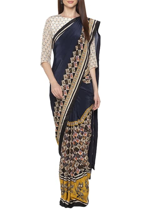 Buy_Soup By Sougat Paul_Beige Crepe Floral, Geometric Round Neck Pre-draped Saree With Blouse _Online_at_Aza_Fashions