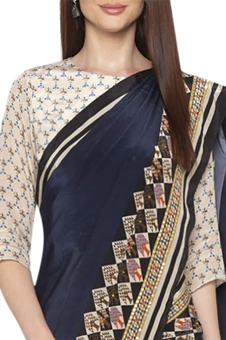 Shop_Soup By Sougat Paul_Beige Crepe Floral, Geometric Round Neck Pre-draped Saree With Blouse _Online_at_Aza_Fashions