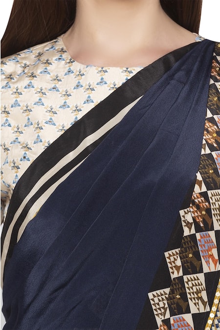 Soup By Sougat Paul_Beige Crepe Floral, Geometric Round Neck Pre-draped Saree With Blouse _at_Aza_Fashions