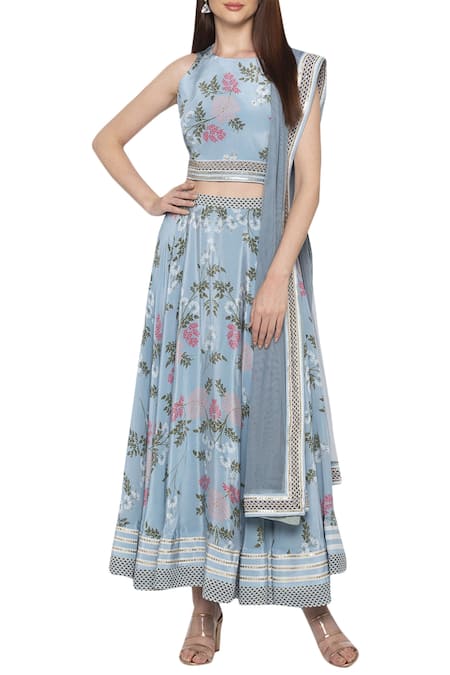 Soup by Sougat Paul Blue Crepe Printed Floral Round Lehenga Set 