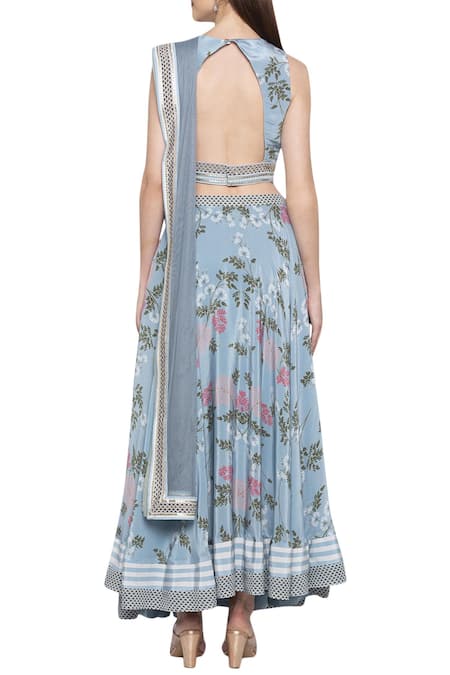 Shop_Soup By Sougat Paul_Blue Net, Crepe Floral Round Printed Lehenga Set _at_Aza_Fashions