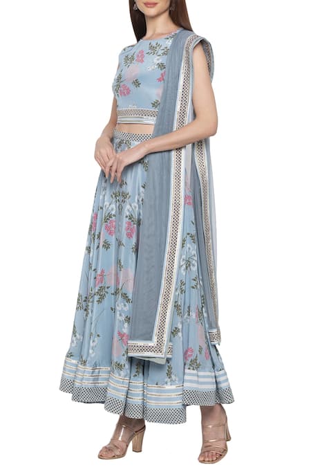Soup By Sougat Paul_Blue Net, Crepe Floral Round Printed Lehenga Set _Online_at_Aza_Fashions