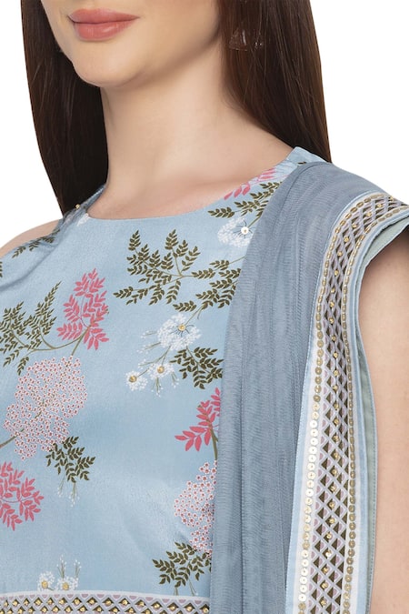 Buy_Soup By Sougat Paul_Blue Net, Crepe Floral Round Printed Lehenga Set _Online_at_Aza_Fashions