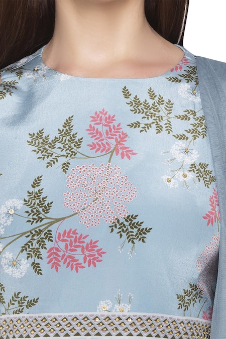 Shop_Soup By Sougat Paul_Blue Net, Crepe Floral Round Printed Lehenga Set _Online_at_Aza_Fashions