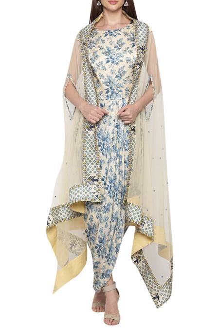 Soup By Sougat Paul_Blue Net, Satin Round Printed Draped Dress With Jacket _Online_at_Aza_Fashions