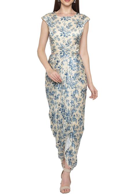 Buy_Soup By Sougat Paul_Blue Net, Satin Round Printed Draped Dress With Jacket _Online_at_Aza_Fashions