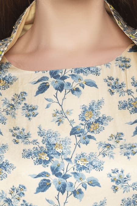 Soup By Sougat Paul_Blue Net, Satin Round Printed Draped Dress With Jacket _at_Aza_Fashions