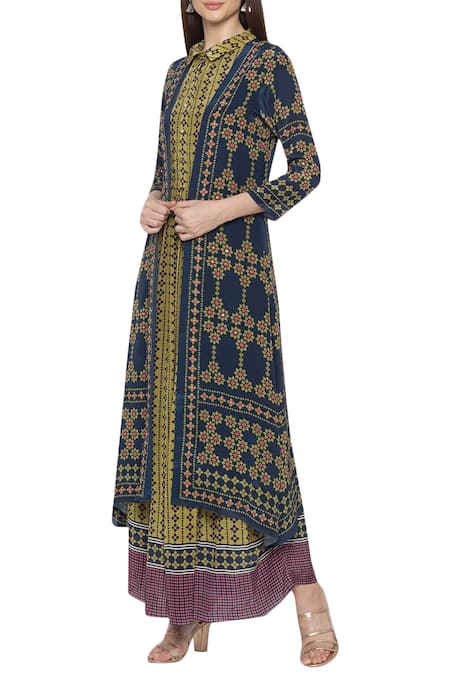 Soup By Sougat Paul_Blue Crepe Floral Motifs Shirt Collar Printed Dress With Jacket _Online_at_Aza_Fashions