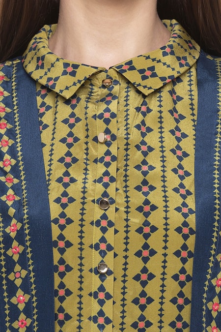 Shop_Soup By Sougat Paul_Blue Crepe Floral Motifs Shirt Collar Printed Dress With Jacket _Online_at_Aza_Fashions