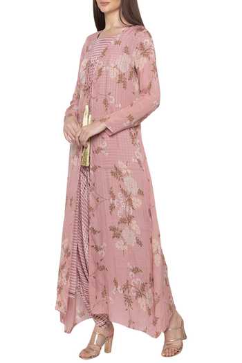 Soup By Sougat Paul Pink Crepe, Chiffon Floral, Checks Jumpsuit Round Jacket Open Printed With Online at Aza Fashions Soup By Sougat Paul_Pink Crepe, Chiffon Floral, Checks Jumpsuit Round Jacket Open Printed With _Online_at_Aza_Fashions