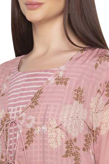 Shop Soup By Sougat Paul Pink Crepe, Chiffon Floral, Checks Jumpsuit Round Jacket Open Printed With Online at Aza Fashions Shop_Soup By Sougat Paul_Pink Crepe, Chiffon Floral, Checks Jumpsuit Round Jacket Open Printed With _Online_at_Aza_Fashions