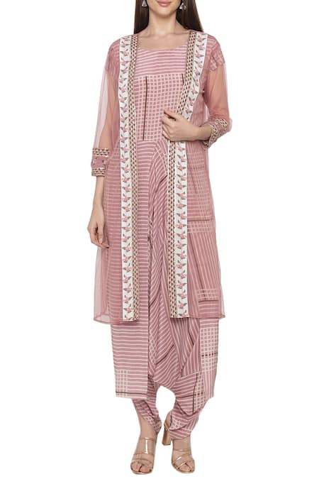 Soup By Sougat Paul_Pink Net, Crepe Floral, Checks Round Neck Printed Jumpsuit With Jacket _Online_at_Aza_Fashions