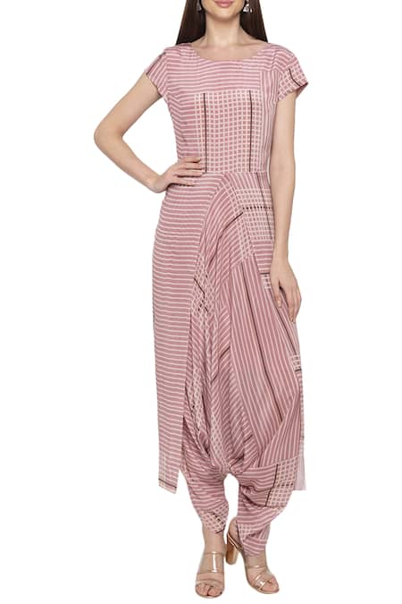 Buy_Soup By Sougat Paul_Pink Net, Crepe Floral, Checks Round Neck Printed Jumpsuit With Jacket _Online_at_Aza_Fashions