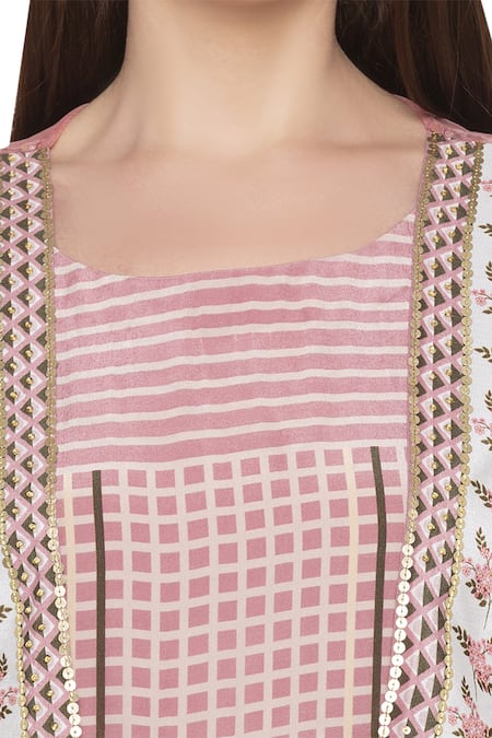 Shop_Soup By Sougat Paul_Pink Net, Crepe Floral, Checks Round Neck Printed Jumpsuit With Jacket _Online_at_Aza_Fashions