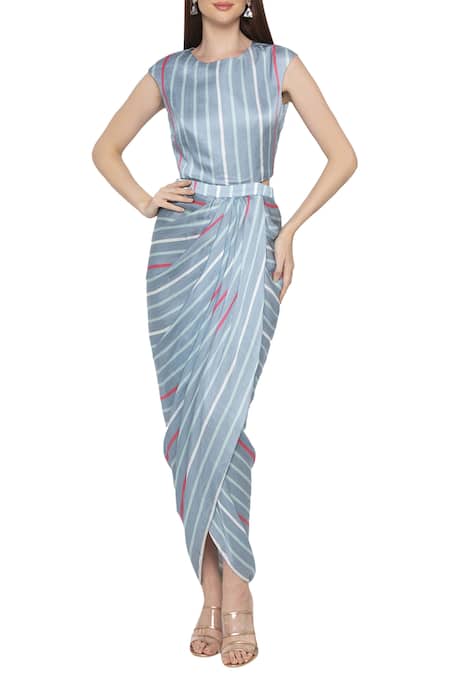 Soup By Sougat Paul_Blue Crepe Floral, Stripes Dress Round Neck Jacket Band Collar Printed With _Online_at_Aza_Fashions