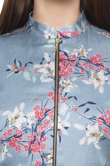 Buy_Soup By Sougat Paul_Blue Crepe Floral, Stripes Dress Round Neck Jacket Band Collar Printed With _Online_at_Aza_Fashions