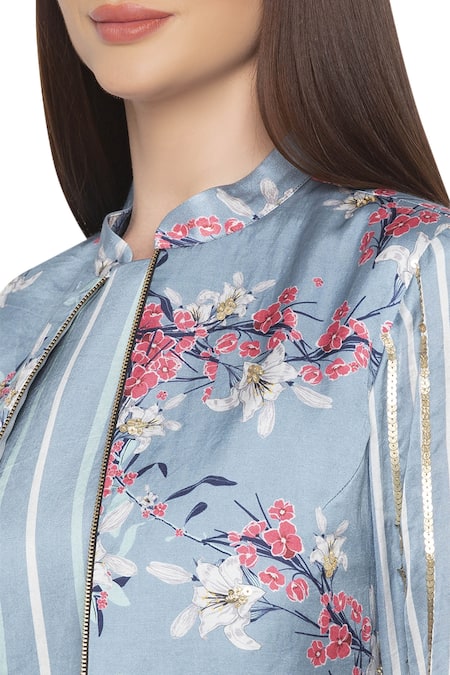 Shop_Soup By Sougat Paul_Blue Crepe Floral, Stripes Dress Round Neck Jacket Band Collar Printed With _Online_at_Aza_Fashions