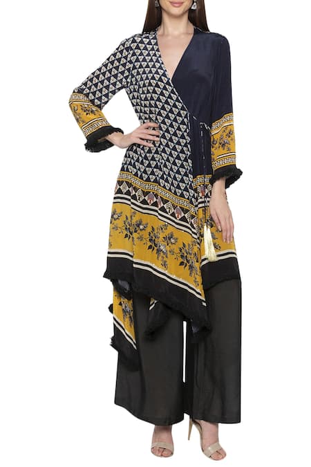 Soup by Sougat Paul Beige Crepe V Neck Printed Kurta Palazzo Set 