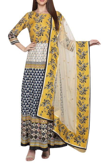 Soup By Sougat Paul_Beige Net, Malasiyan Silk Round Printed Anarkali With Dupatta _Online_at_Aza_Fashions
