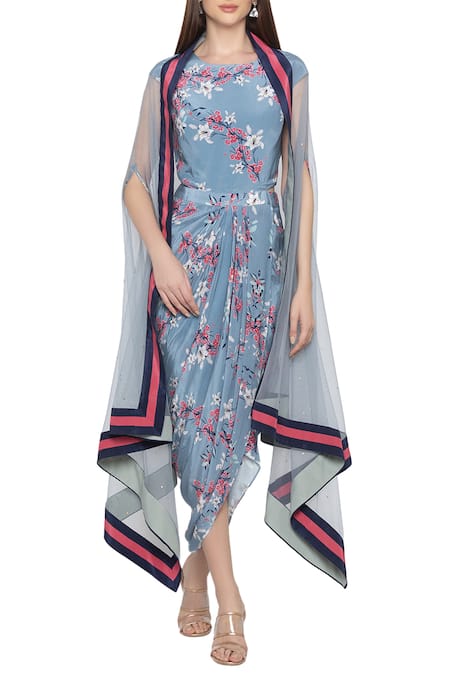 Soup by Sougat Paul Printed Dress With Asymmetrical Cape 