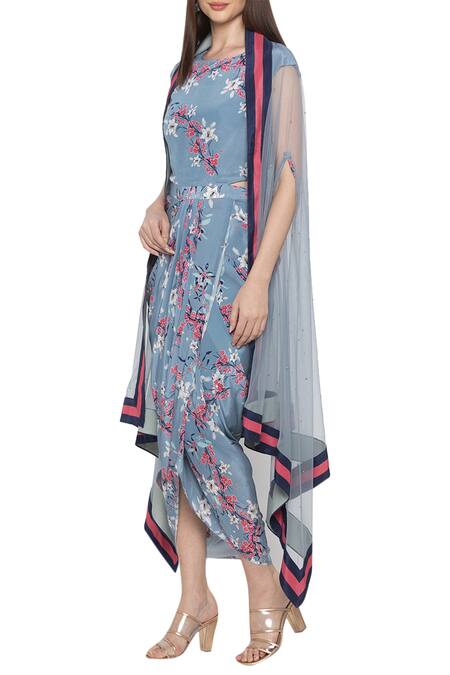 Soup By Sougat Paul_Blue Net, Crepe Floral, Sequin Round Neck Printed Dress With Asymmetrical Cape _Online_at_Aza_Fashions