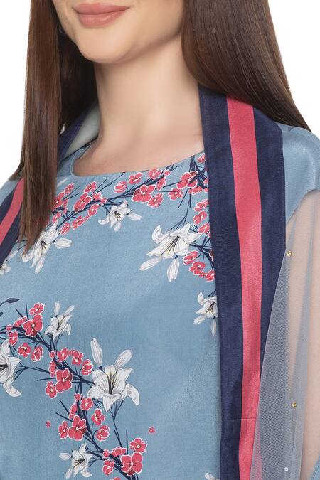 Shop_Soup By Sougat Paul_Blue Net, Crepe Floral, Sequin Round Neck Printed Dress With Asymmetrical Cape _Online_at_Aza_Fashions