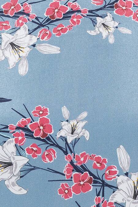 Soup By Sougat Paul_Blue Net, Crepe Floral, Sequin Round Neck Printed Dress With Asymmetrical Cape _at_Aza_Fashions