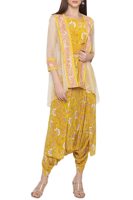 Soup By Sougat Paul_Yellow Net, Crepe Floral Round Neck Printed Jacket And Dhoti Pant Set _Online_at_Aza_Fashions