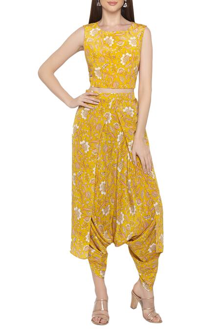 Buy_Soup By Sougat Paul_Yellow Net, Crepe Floral Round Neck Printed Jacket And Dhoti Pant Set _Online_at_Aza_Fashions
