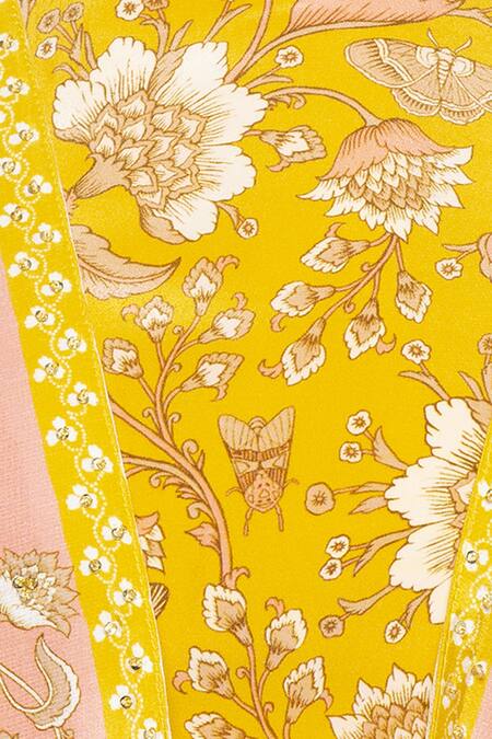 Soup By Sougat Paul_Yellow Net, Crepe Floral Round Neck Printed Jacket And Dhoti Pant Set _at_Aza_Fashions