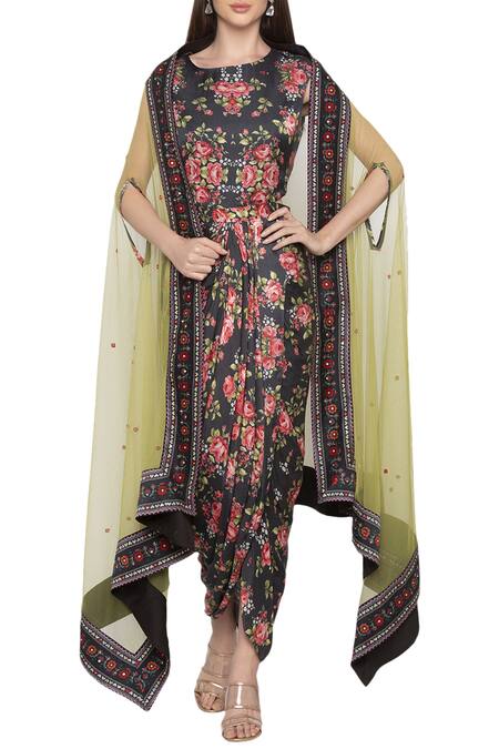 Soup By Sougat Paul_Black Net, Satin Round Printed Dress Jacket Set _Online_at_Aza_Fashions