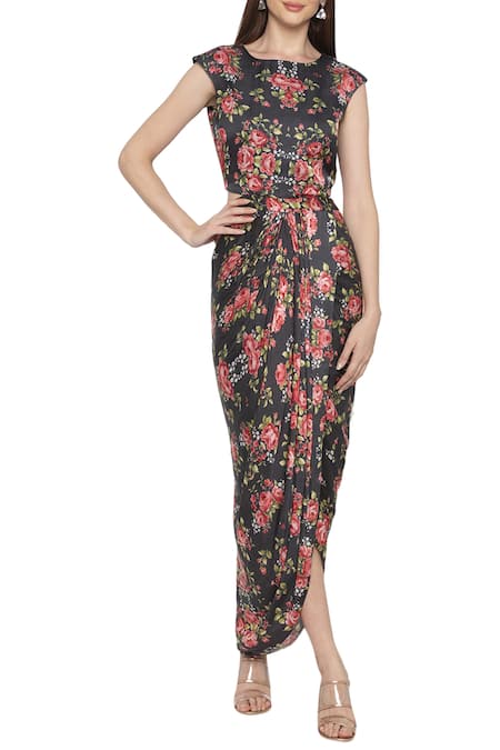 Buy_Soup By Sougat Paul_Black Net, Satin Round Printed Dress Jacket Set _Online_at_Aza_Fashions