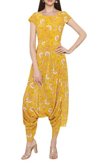 Soup By Sougat Paul_Yellow Crepe Floral Round Neck Printed Jumpsuit With Jacket _Online_at_Aza_Fashions